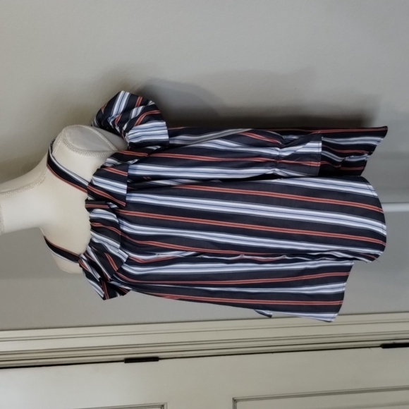 Janet Chung Blue Red White Striped Size Large Button down open shoulder - Picture 2 of 13